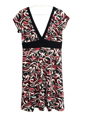 Vintage Y2K Black White & Red Swirl Dress Cap Sleeve Deep V Neck -Size Large EUC